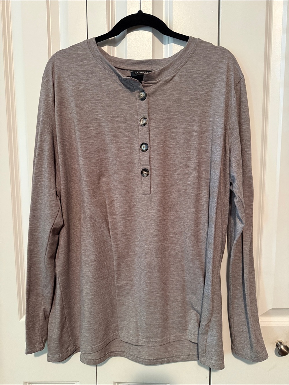 Ladies Light Gray Long-Sleeve Henley Top with Button Placket